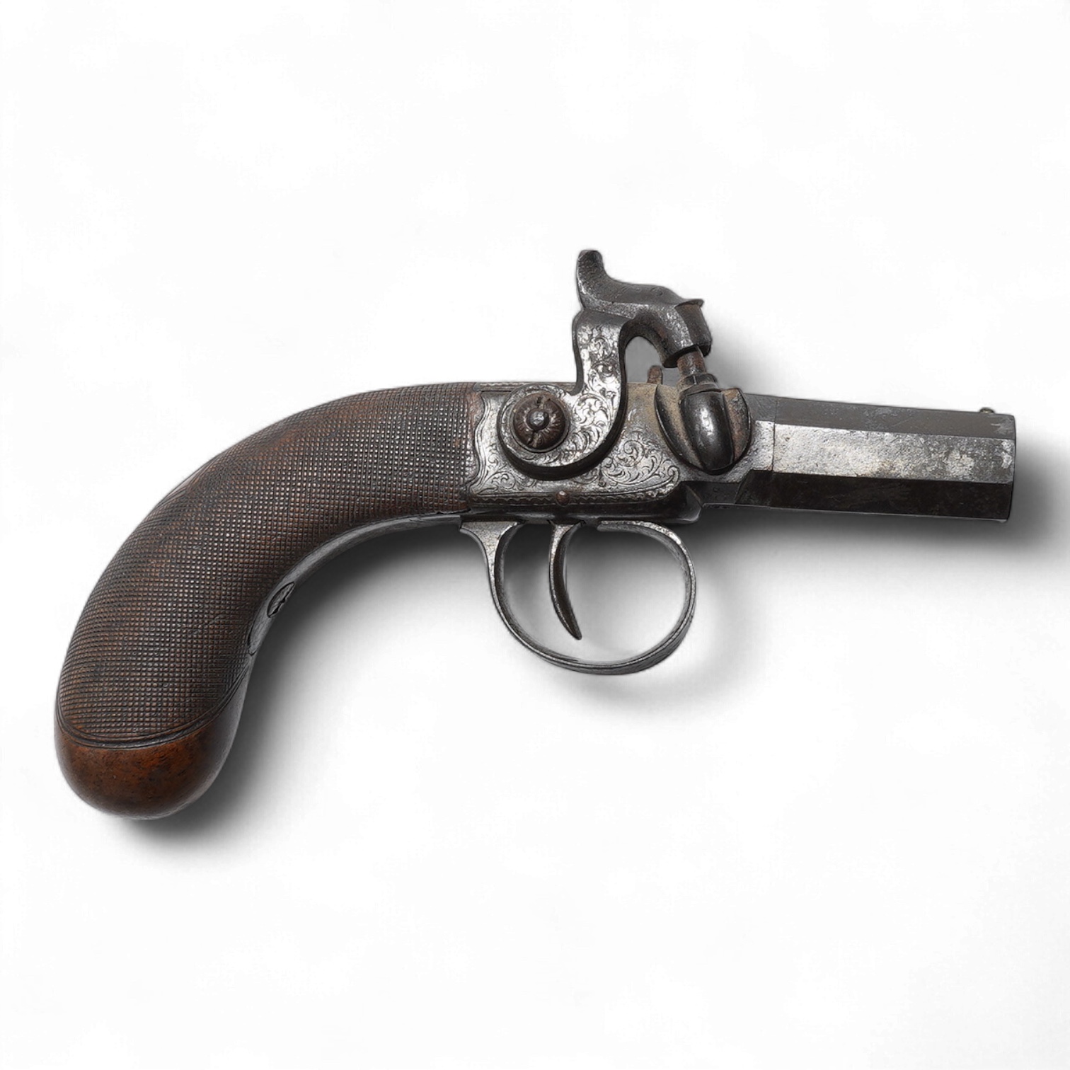 A boxlock side hammer percussion pocket pistol retailed by Weston of Brighton, foliate engraved frame and side hammer, Birmingham proved, rounded chequered walnut grip, barrel 3.5cm